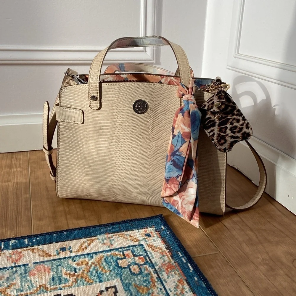 Anne Klein Bonded Satchel Triple Compartment Taupe Neutral Spring Crossbody